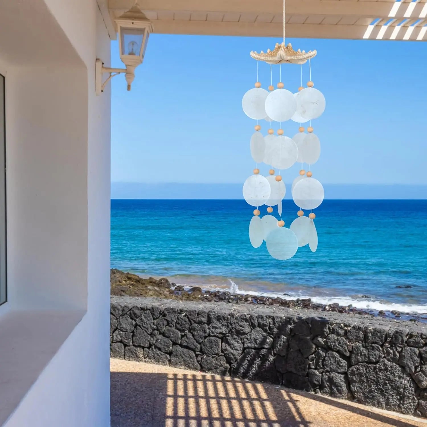 Seashell Wind Chimes for Outside - Handcrafted White Moon Shape Capiz Shells Windchime Bohemian & Coastal Style Decor