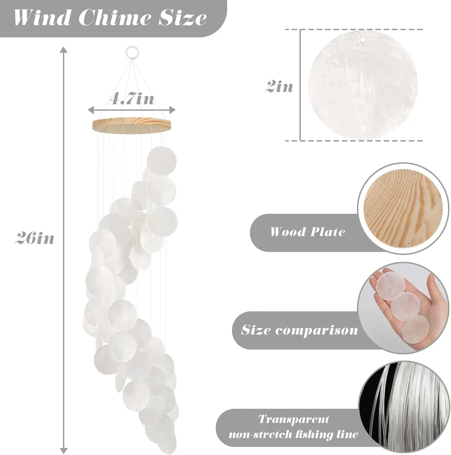 Seashell Wind Chimes for Outside - Handcrafted White Spiral Shape Capiz Shells Windchime Coastal Style Decor for Indoor/Outdoors