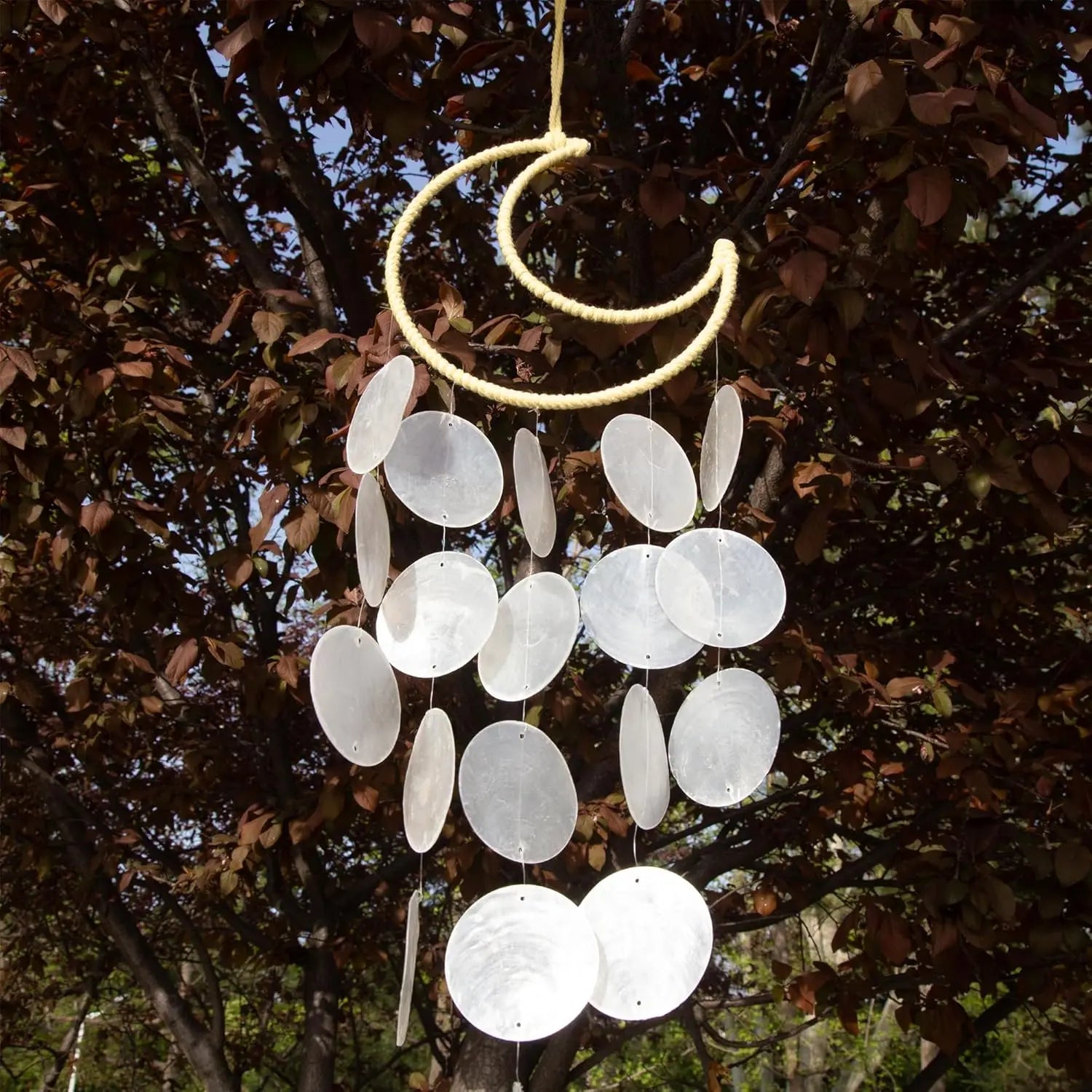 Seashell Wind Chimes for Outside - Handcrafted White Moon Shape Capiz Shells Windchime Bohemian & Coastal Style Decor