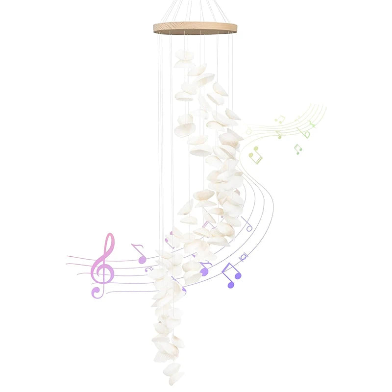 White Seashells Wind Chimes for Outside, Handmade Spiral Shape Beach Style Shells Windchime for Patio and Garden Hanging Decor