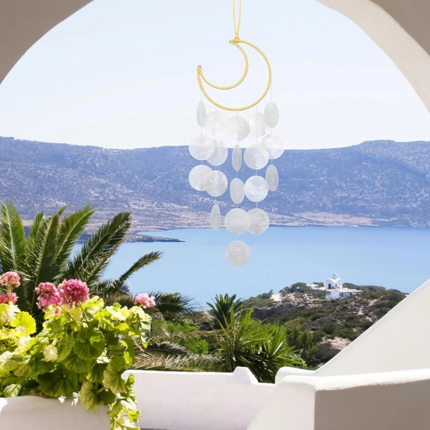 Seashell Wind Chimes for Outside - Handcrafted White Moon Shape Capiz Shells Windchime Bohemian & Coastal Style Decor