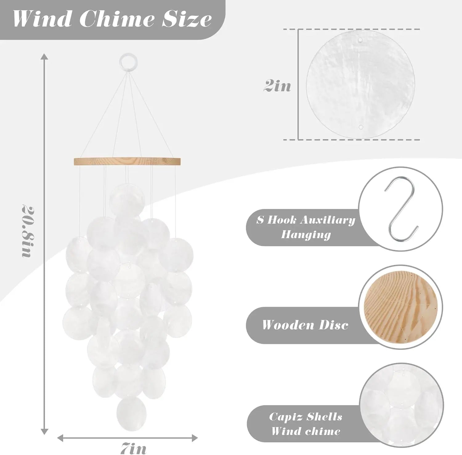 Seashell Wind Chimes for Outside - Handcrafted White Moon Shape Capiz Shells Windchime Bohemian & Coastal Style Decor