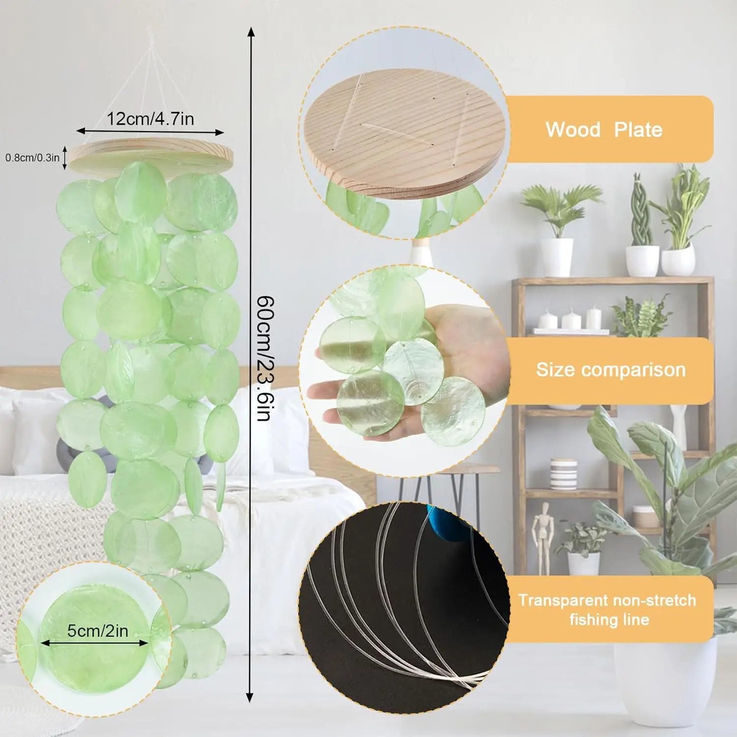 Wind Chimes for Outside, Handcrafted Green Capiz Shells Windchime Coastal Style Decor for Indoor/Outdoors