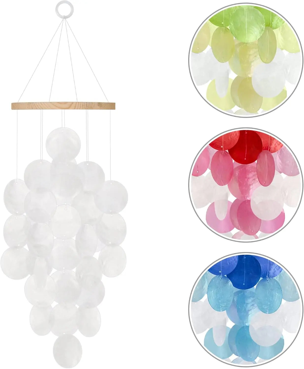 Seashell Wind Chimes for Outside - Handcrafted White Moon Shape Capiz Shells Windchime Bohemian & Coastal Style Decor