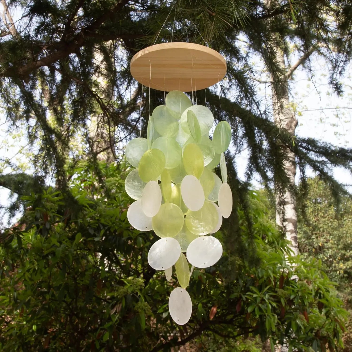 Seashell Wind Chimes for Outside - Handcrafted White Moon Shape Capiz Shells Windchime Bohemian & Coastal Style Decor