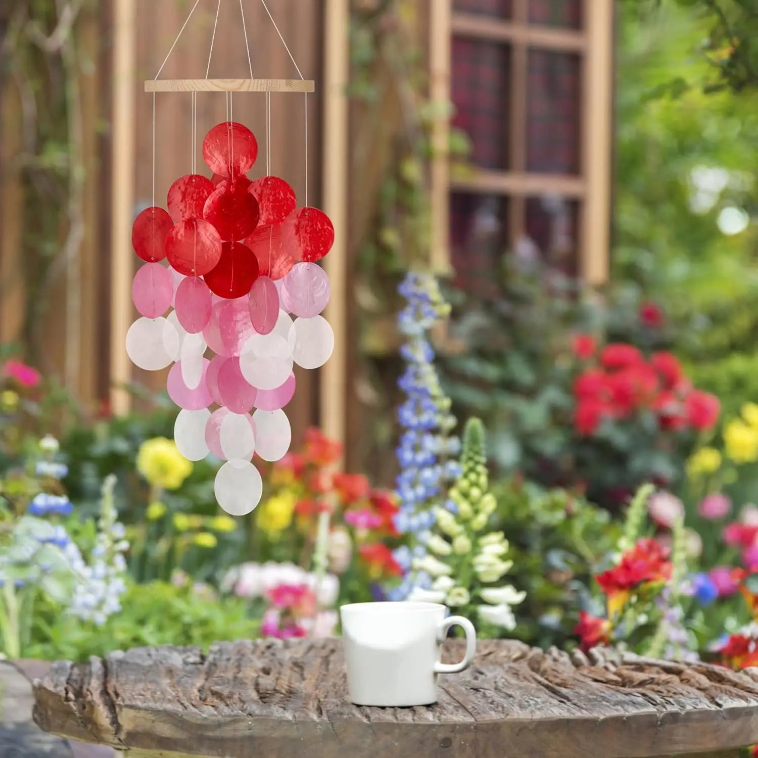 Seashell Wind Chimes for Outside - Handcrafted White Moon Shape Capiz Shells Windchime Bohemian & Coastal Style Decor