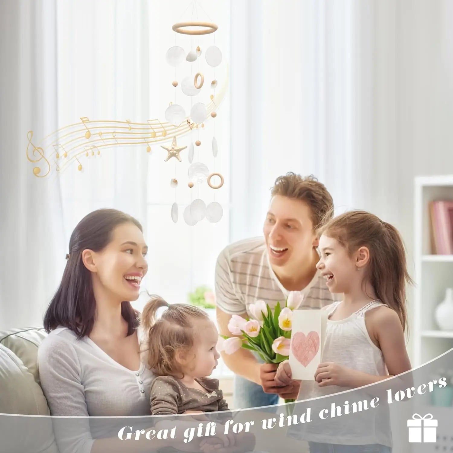 Sea Shells Wind Chimes - Handcrafted White Capiz Shells Windchime with Starfish, Coastal Style Decor for Indoor/Outdoors