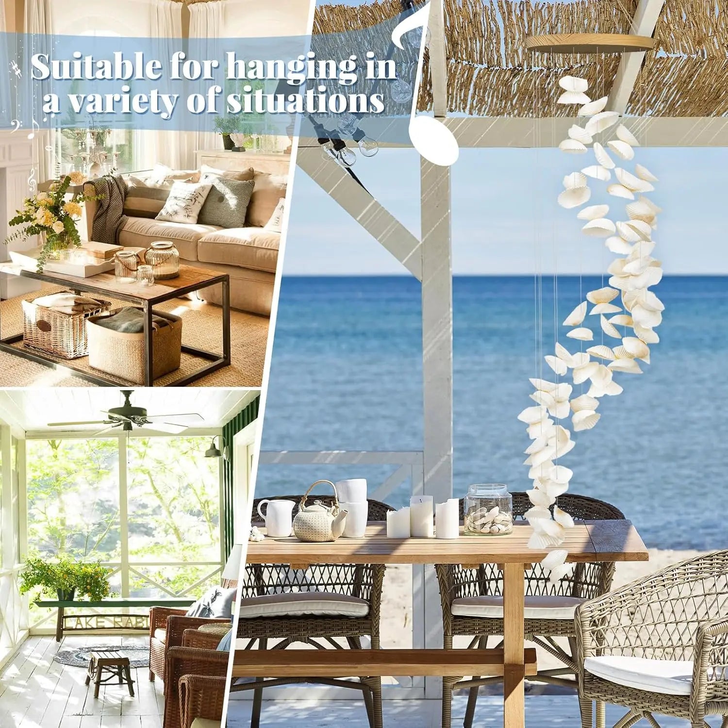 White Seashells Wind Chimes for Outside, Handmade Spiral Shape Beach Style Shells Windchime for Patio and Garden Hanging Decor