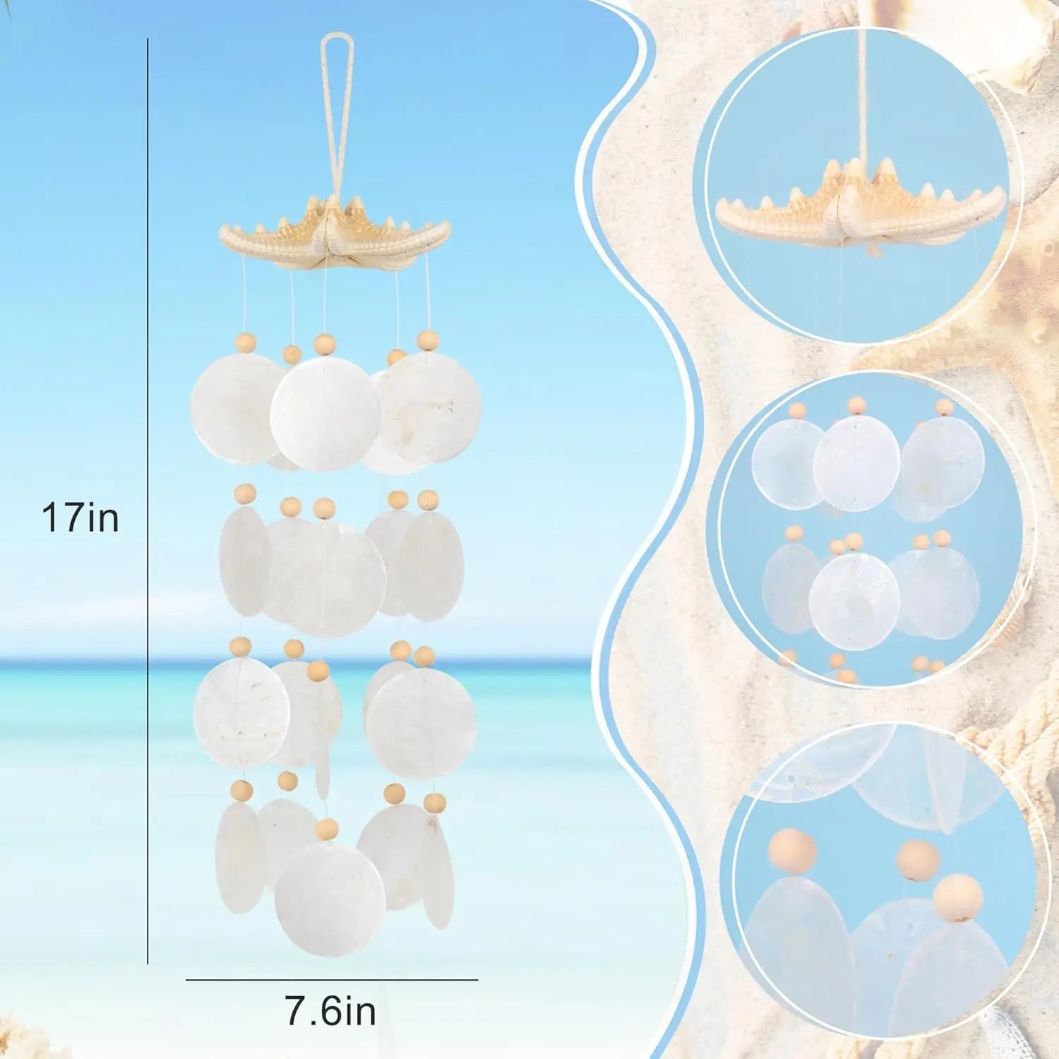 Seashell Wind Chimes for Outside - Handcrafted White Moon Shape Capiz Shells Windchime Bohemian & Coastal Style Decor