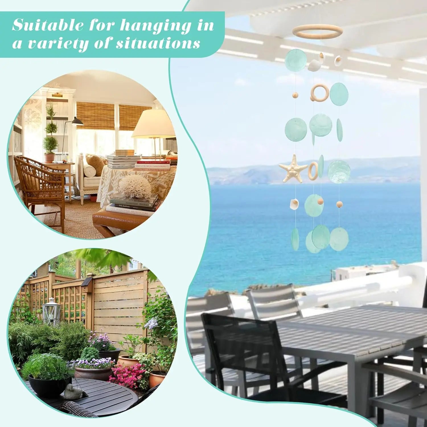 Sea Shells Wind Chimes - Handcrafted White Capiz Shells Windchime with Starfish, Coastal Style Decor for Indoor/Outdoors