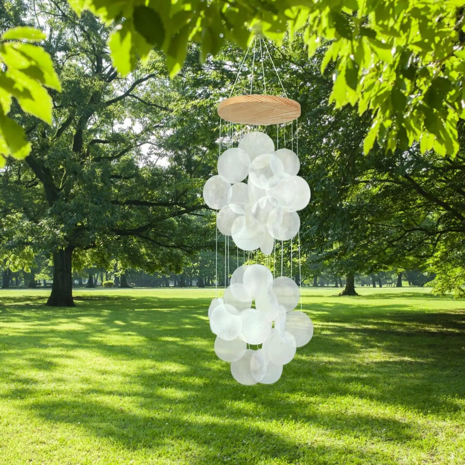 Seashell Wind Chimes for Outside - Handcrafted White Moon Shape Capiz Shells Windchime Bohemian & Coastal Style Decor