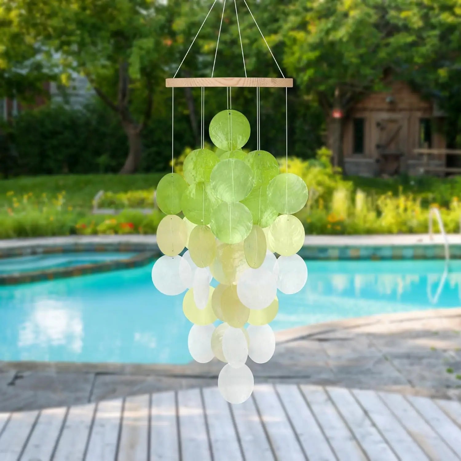 Seashell Wind Chimes for Outside - Handcrafted White Moon Shape Capiz Shells Windchime Bohemian & Coastal Style Decor