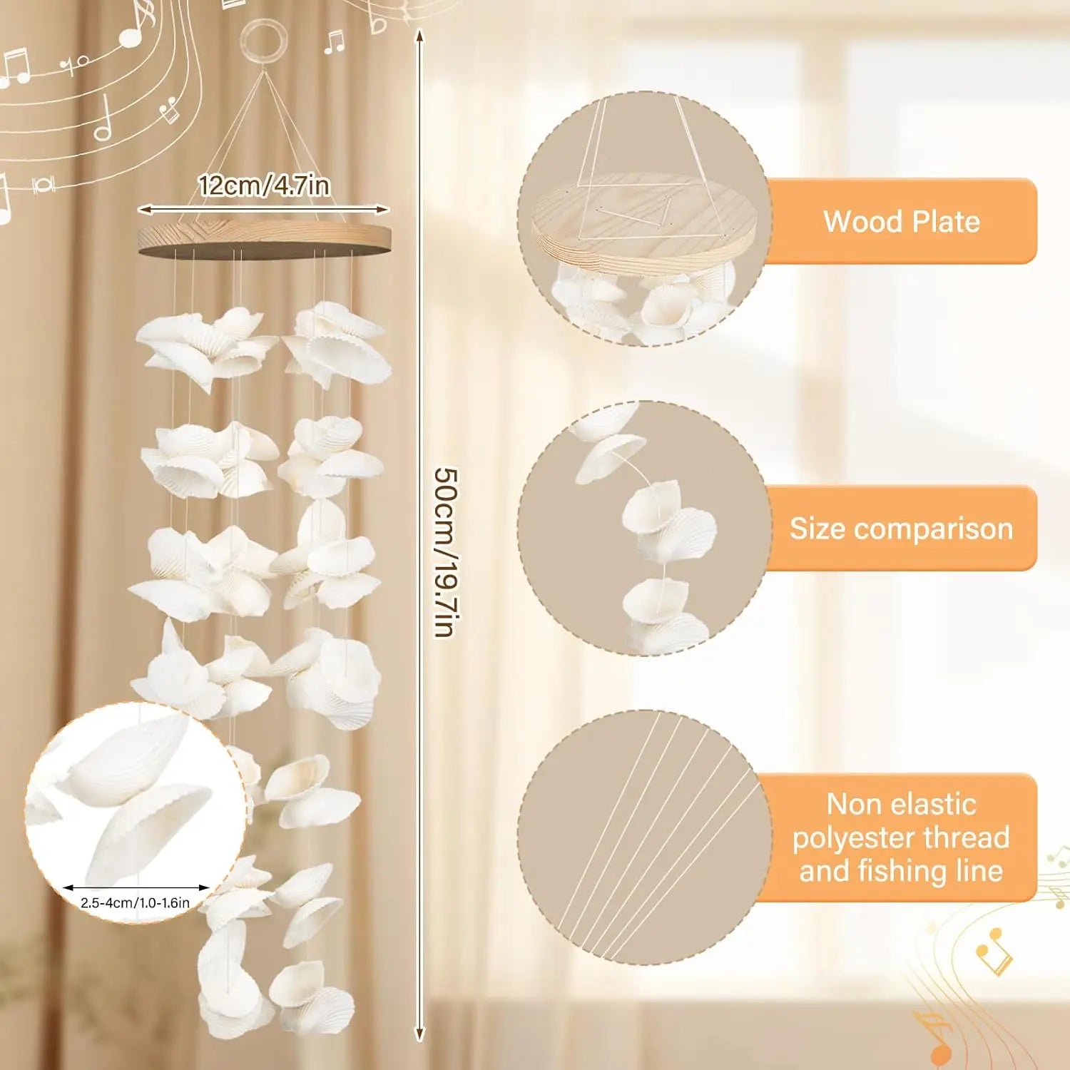 White Sea Shell Wind Chimes for Outside, Handmade Beach Style Windchime for Patio and Garden Decor,