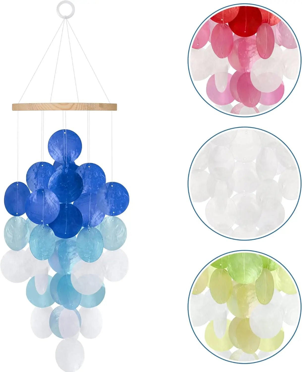 Wind Chimes for Outside, Handcrafted Blue Gradient Capiz Shells Windchime Coastal Style Decor for Indoor/Outdoors