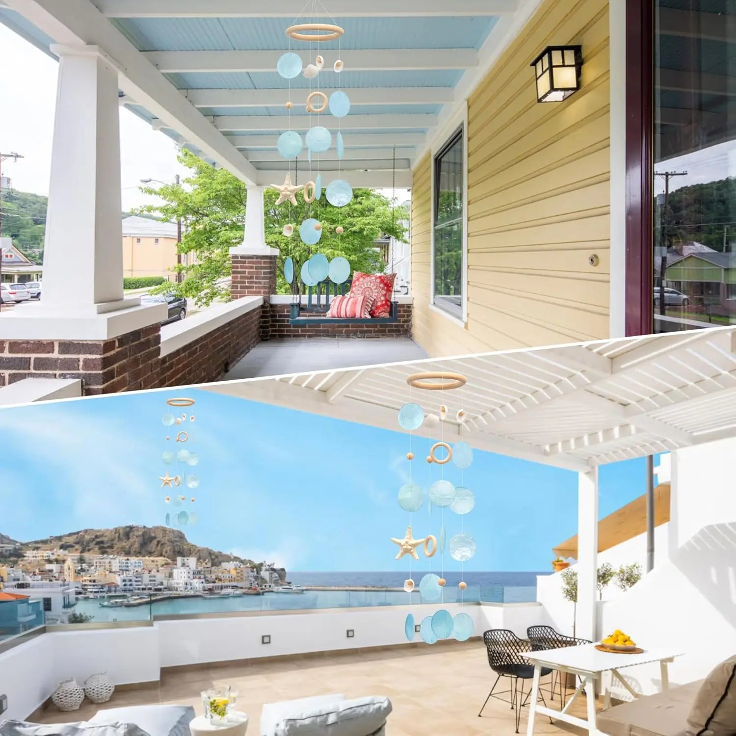 Sea Shells Wind Chimes - Handcrafted Blue Capiz Shells Windchime with Starfish, Coastal Style Decor for Indoor/Outdoors