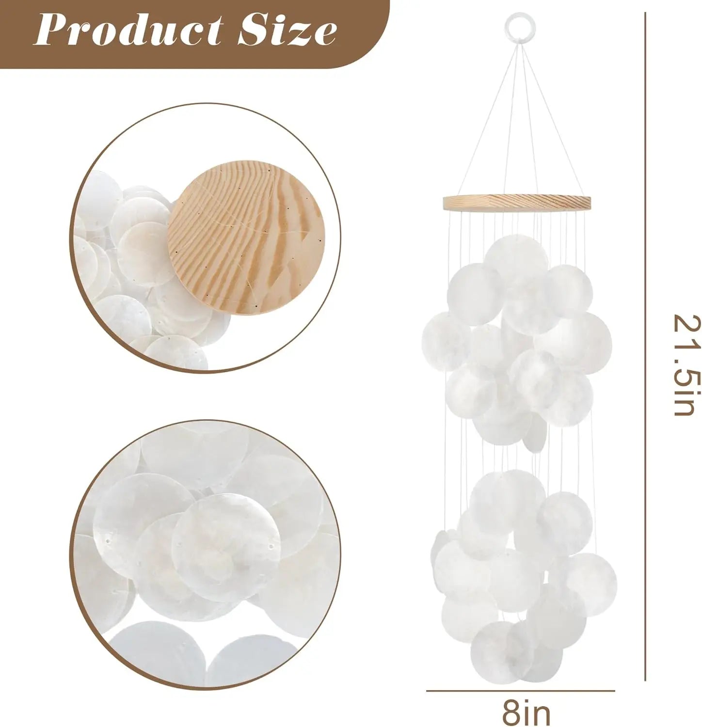 Seashell Wind Chimes for Outside - Handcrafted White Moon Shape Capiz Shells Windchime Bohemian & Coastal Style Decor