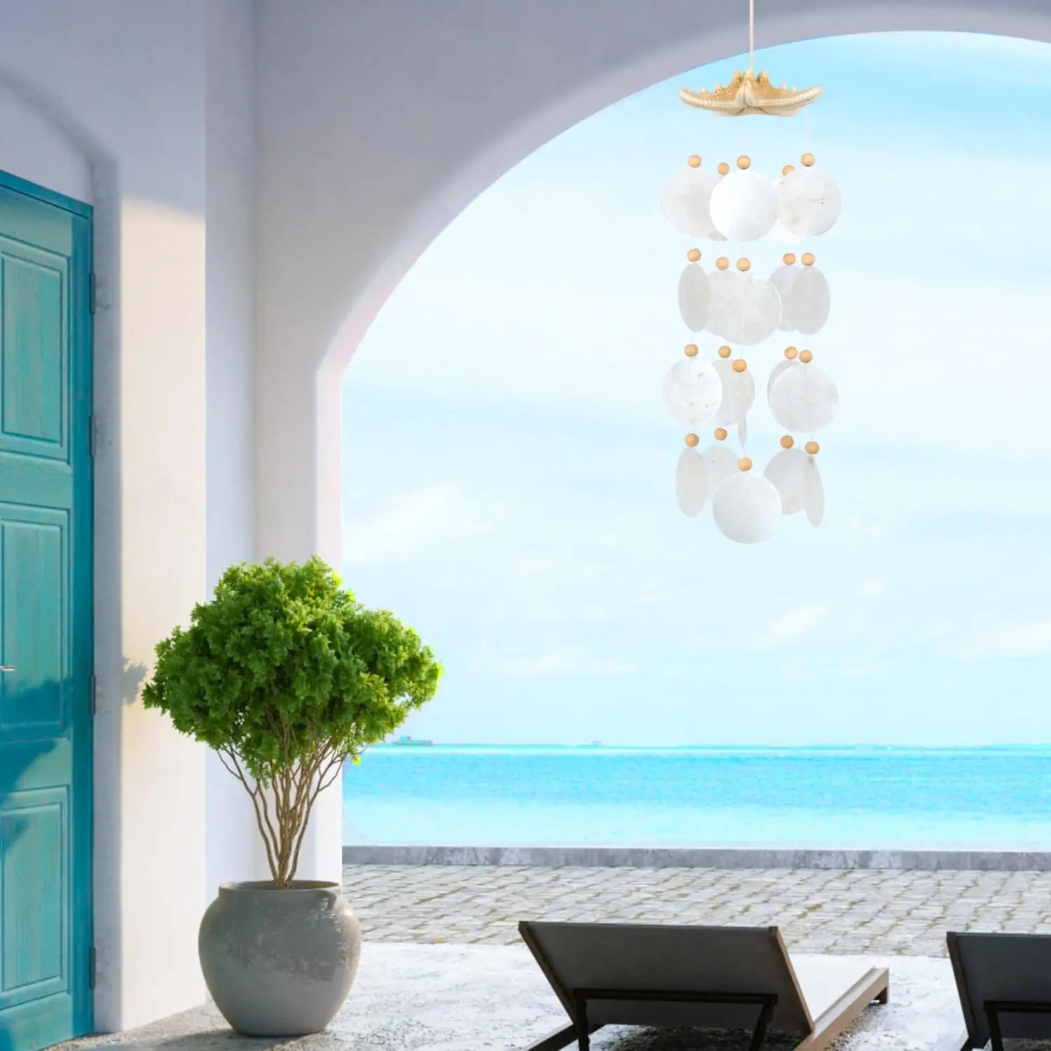 Seashell Wind Chimes for Outside - Handcrafted White Moon Shape Capiz Shells Windchime Bohemian & Coastal Style Decor