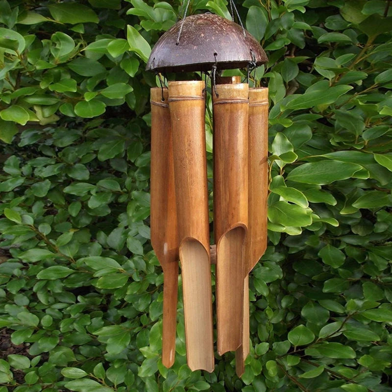 1pc Bamboo Wind Chime Light Color Five Tube Natural Coconut Shell Wood Garden & Home Hanging Door Decoration Handmade Craft Gift