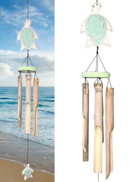 Rustic Sea Turtle Bamboo and Wood Windchimes – Outdoor Wind Chime – Distressed Finish – Whitewash & Teal Blue – Natural Beautiful Relaxing Sound