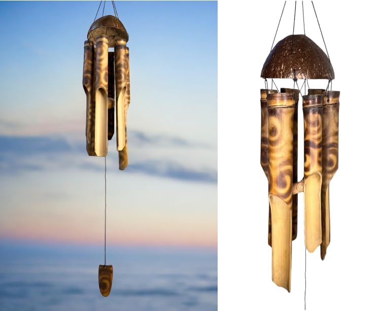 Large 39” Bamboo Windchime with Rustic Tropical Coconut Topper – Jumbo Thick Chimes with Ornate Spiral Pattern – Hanging Outdoor Garden Porch Décor – Deep Relaxing Calming Tones