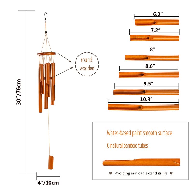 Sansnow Wooden Wind Chimes Outdoor/Indoor, Natural Bamboo Wind Chimes with Beautiful Deep Tone for Garden/Home Decor 30 Inches, Brown