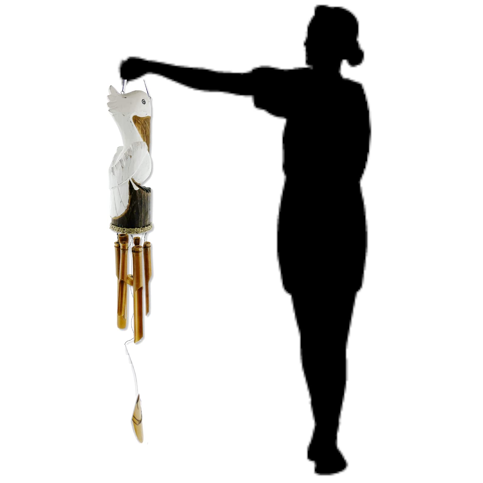 Pelican Windchime - Hand Carved Wood and Bamboo - Coastal Nautical Patio Décor Outdoor Wind Chime