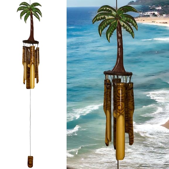 Coconut/Palm Tree Windchime – Large Rustic Tropical Bamboo & Wood with Unique Spiral Finished Chimes – Relaxing Calming Deep Tones