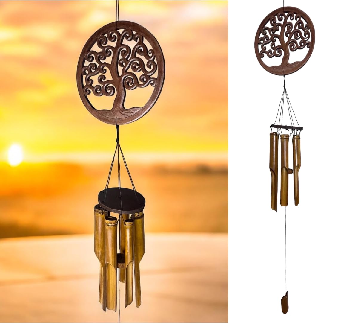 Spiritual Tree of Life Bamboo Windchimes – Wood Hanging Outdoor Garden Patio Porch Décor – Relaxing Peaceful Calming Tones – 43” Overall Windchime Length