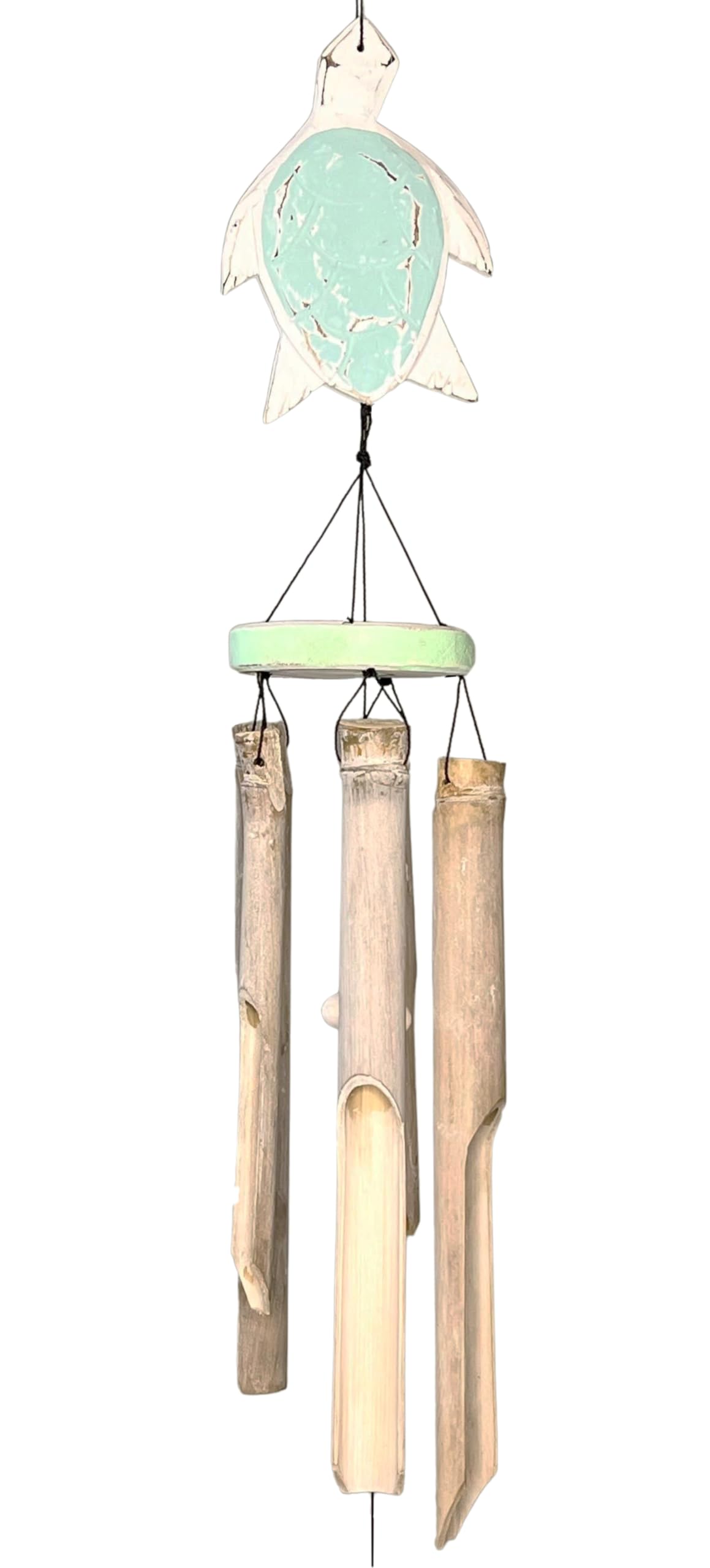 Rustic Sea Turtle Bamboo and Wood Windchimes – Outdoor Wind Chime – Distressed Finish – Whitewash & Teal Blue – Natural Beautiful Relaxing Sound