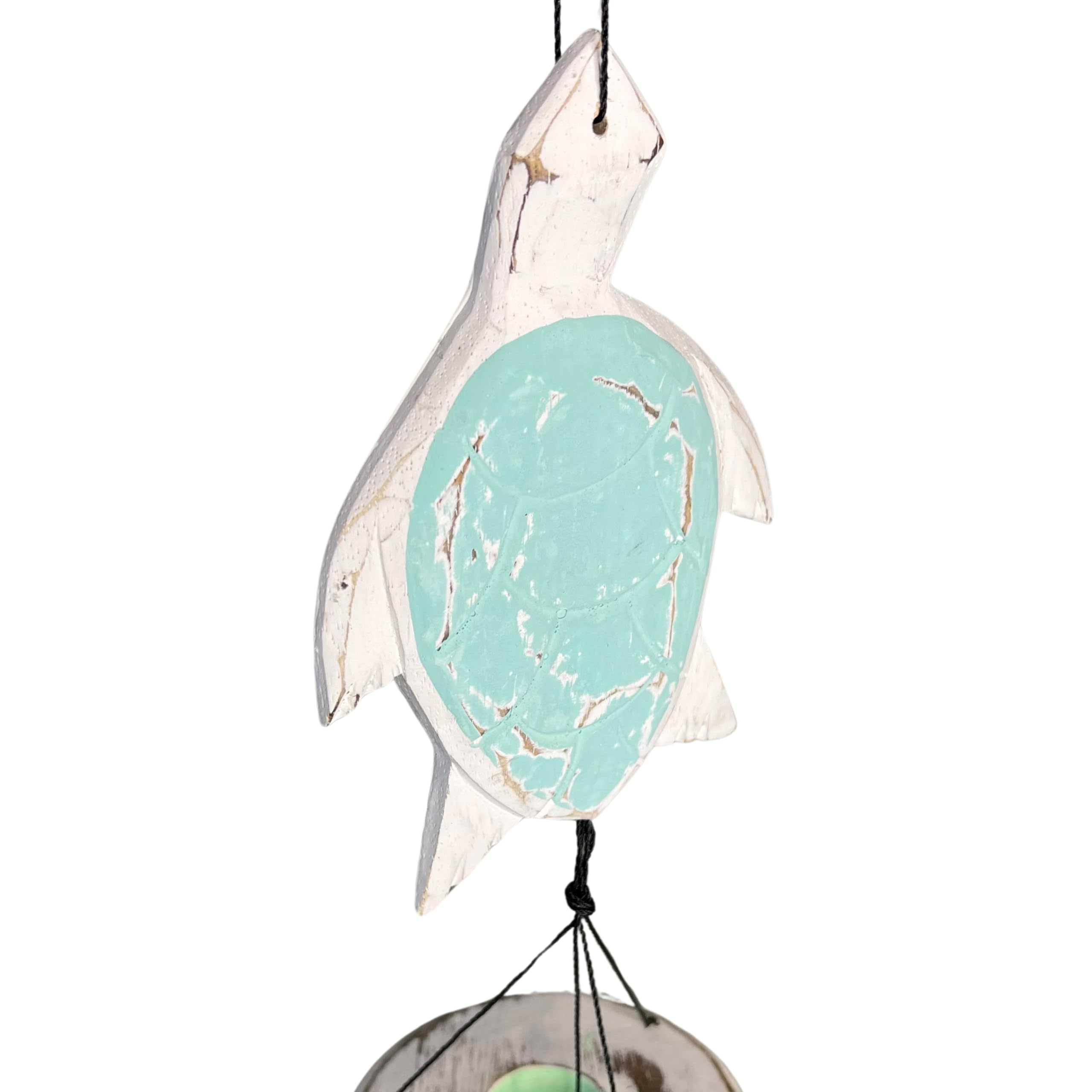 Rustic Sea Turtle Bamboo and Wood Windchimes – Outdoor Wind Chime – Distressed Finish – Whitewash & Teal Blue – Natural Beautiful Relaxing Sound