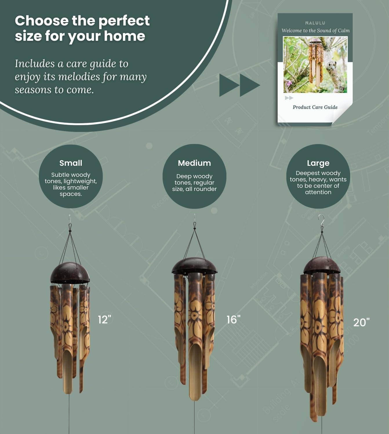 Nalulu Rustic Bamboo Wind Chimes - Outside Outdoor Wooden Windchimes, Small, Floral Burned Design with Coconut Crown, Handcrafted with Calming Deep Tones, Home Decor Ideal Gift for Him & Her