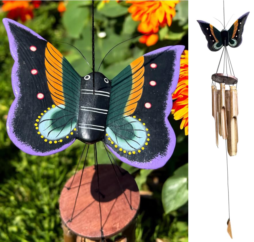 Butterfly Bamboo Wind Chime – Handcrafted 39” Hanging Outdoor Windchime with Colorful Carved Wood Topper & Relaxing Sound – Natural Bamboo Garden Décor for Porch, Patio, or Balcony