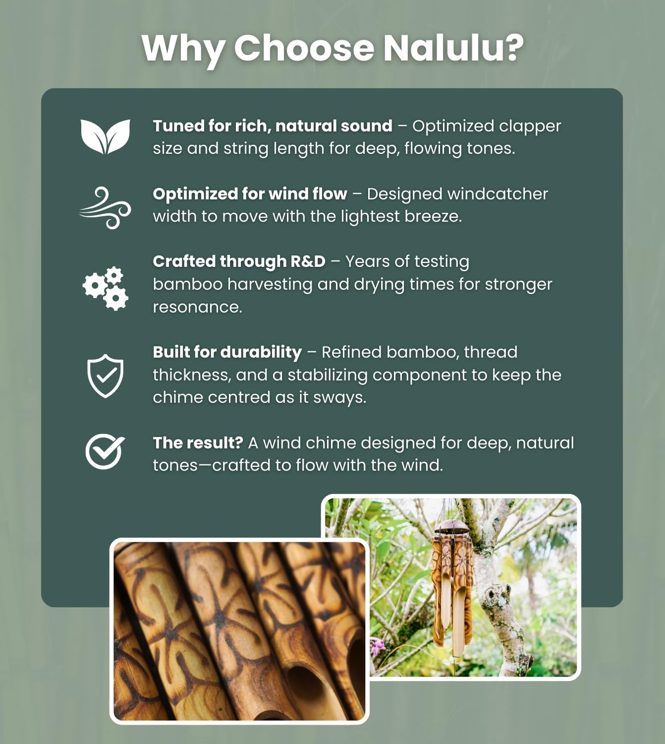 Nalulu Rustic Bamboo Wind Chimes - Outside Outdoor Wooden Windchimes, Small, Floral Burned Design with Coconut Crown, Handcrafted with Calming Deep Tones, Home Decor Ideal Gift for Him & Her