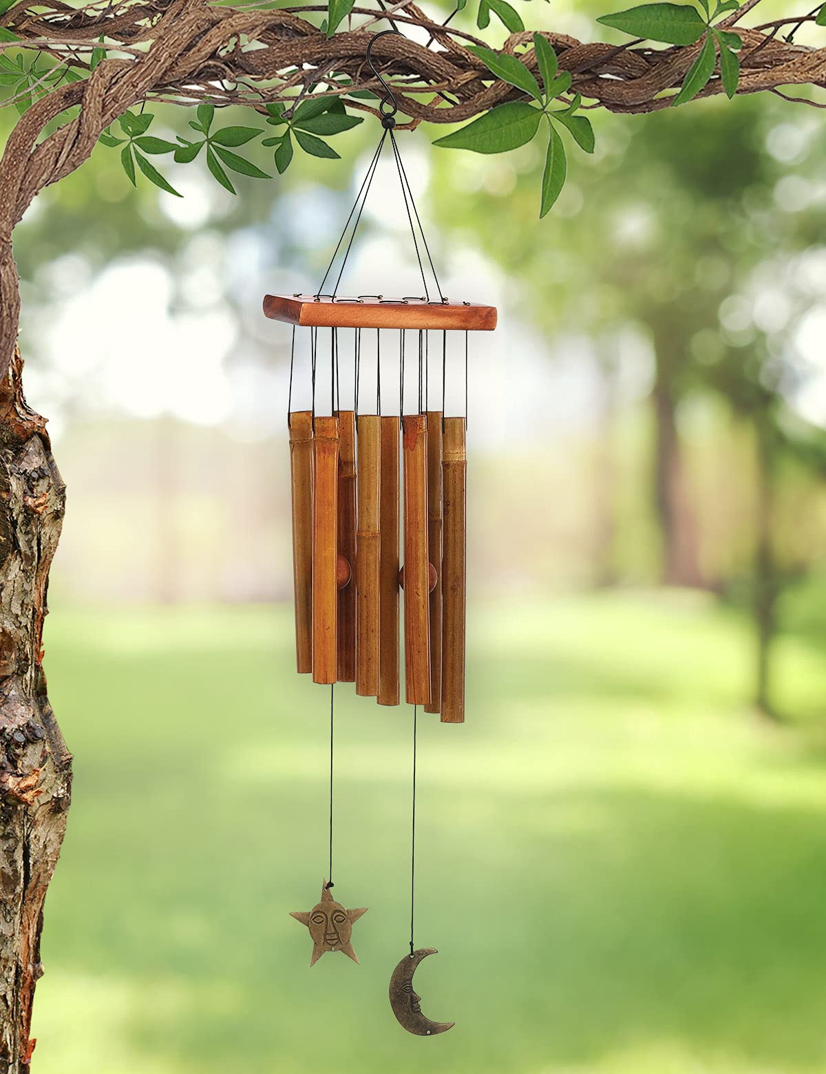Sunset Vista Designs Moon and Star Metal and Wood Wind Chime Bamboo