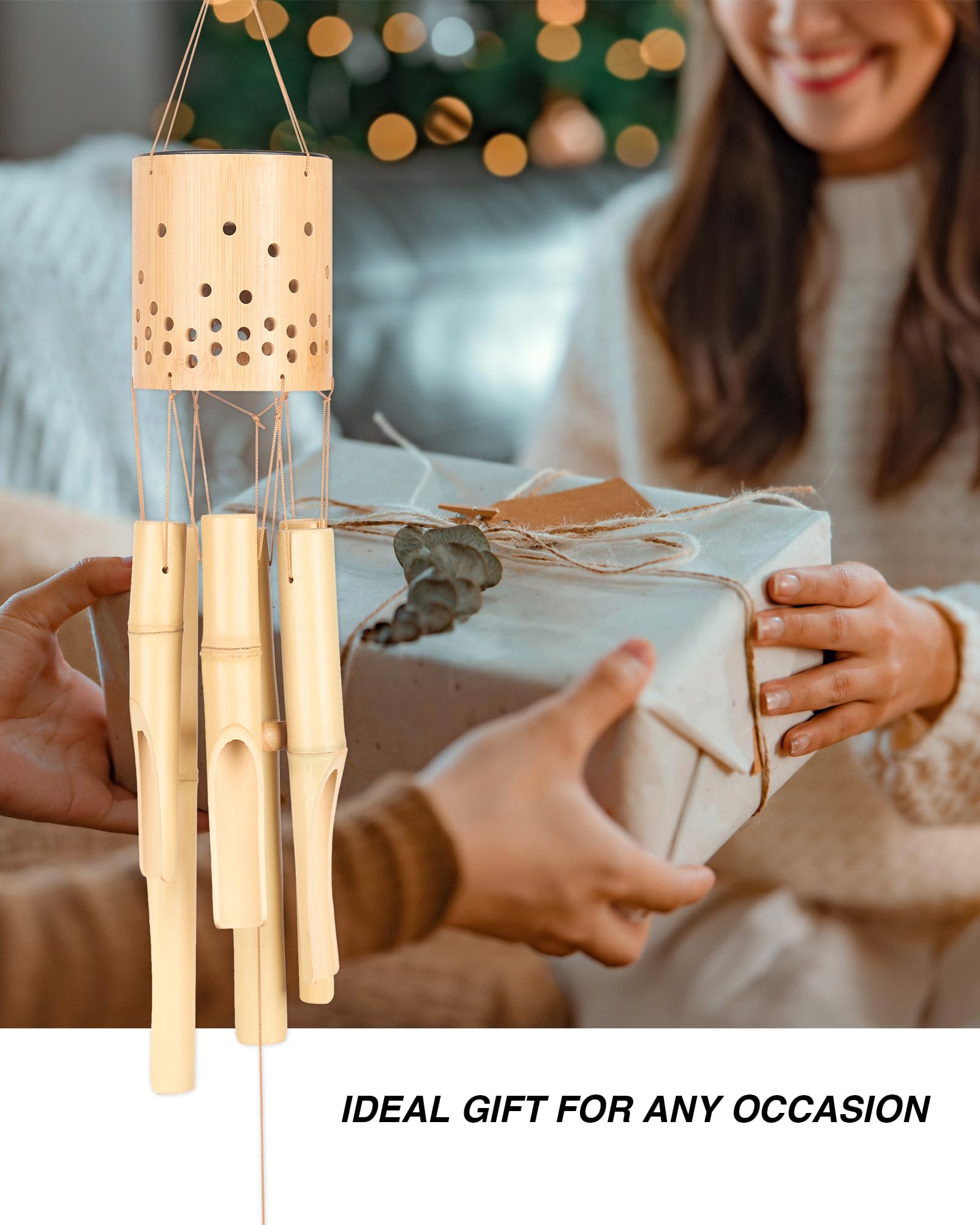 Bamboo Wind Chimes for Outside with Solar Accent Light, Outdoor Wooden Wind Chimes, 6 Bamboo Tubes, Deep Tone, Perfect for Patio, Garden, Porch, and Balcony Decor