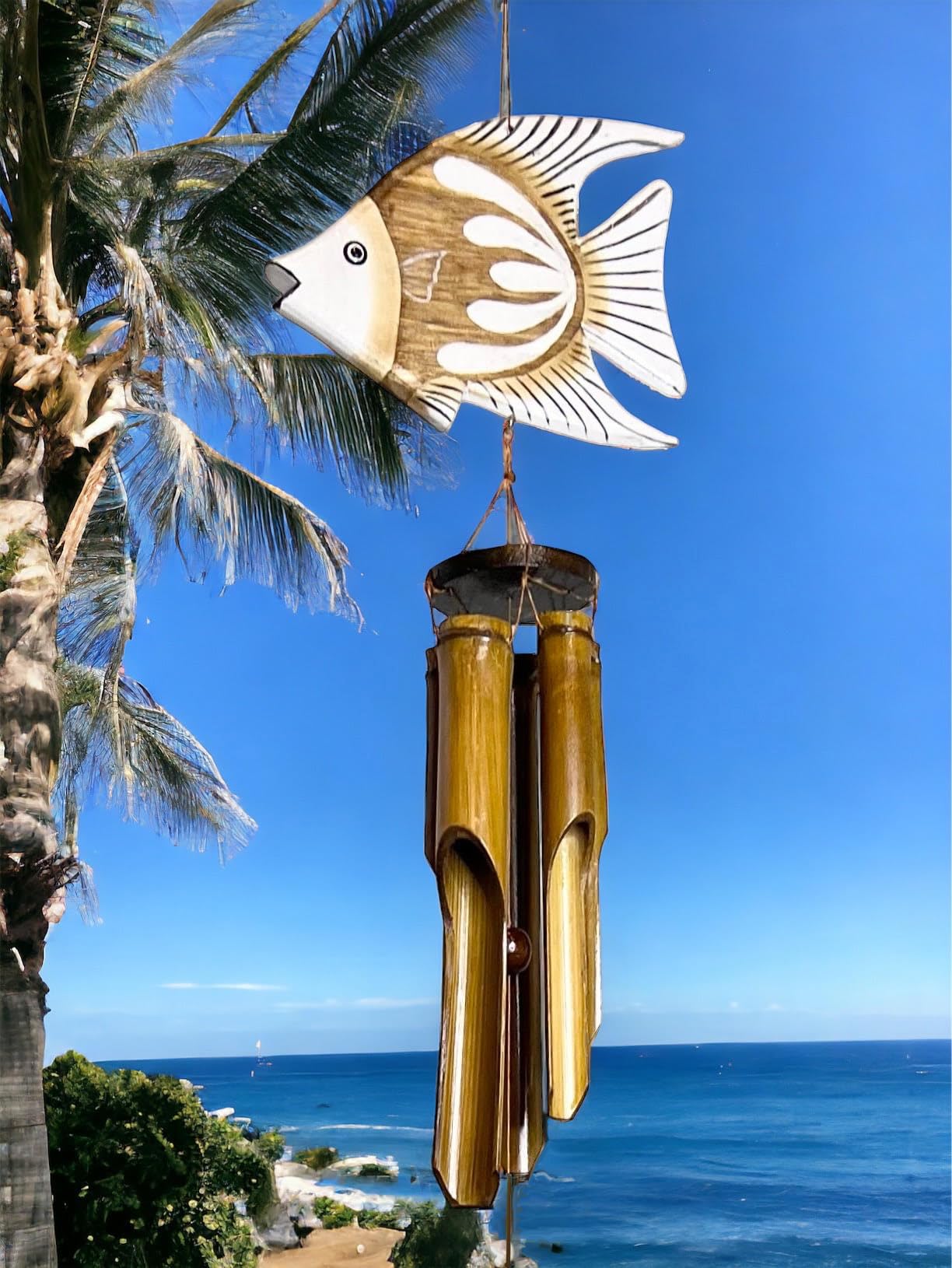 Tropical Fish Windchime – Bamboo & Wood Hanging Outdoor Garden Décor – Relaxing Calming Deep Tones