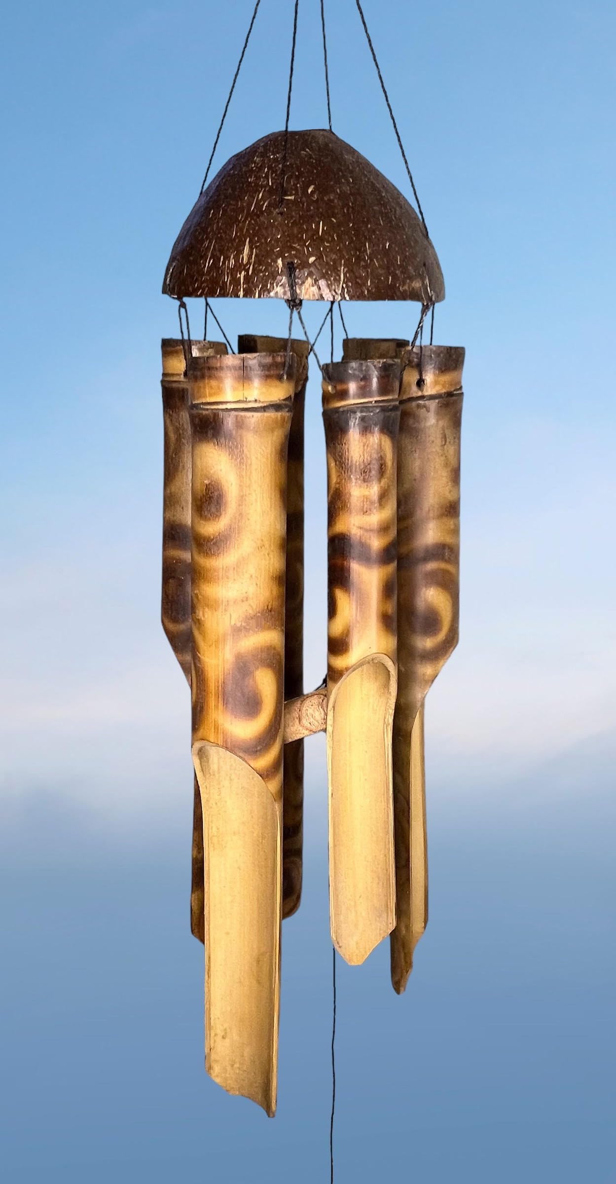 Large 39” Bamboo Windchime with Rustic Tropical Coconut Topper – Jumbo Thick Chimes with Ornate Spiral Pattern – Hanging Outdoor Garden Porch Décor – Deep Relaxing Calming Tones