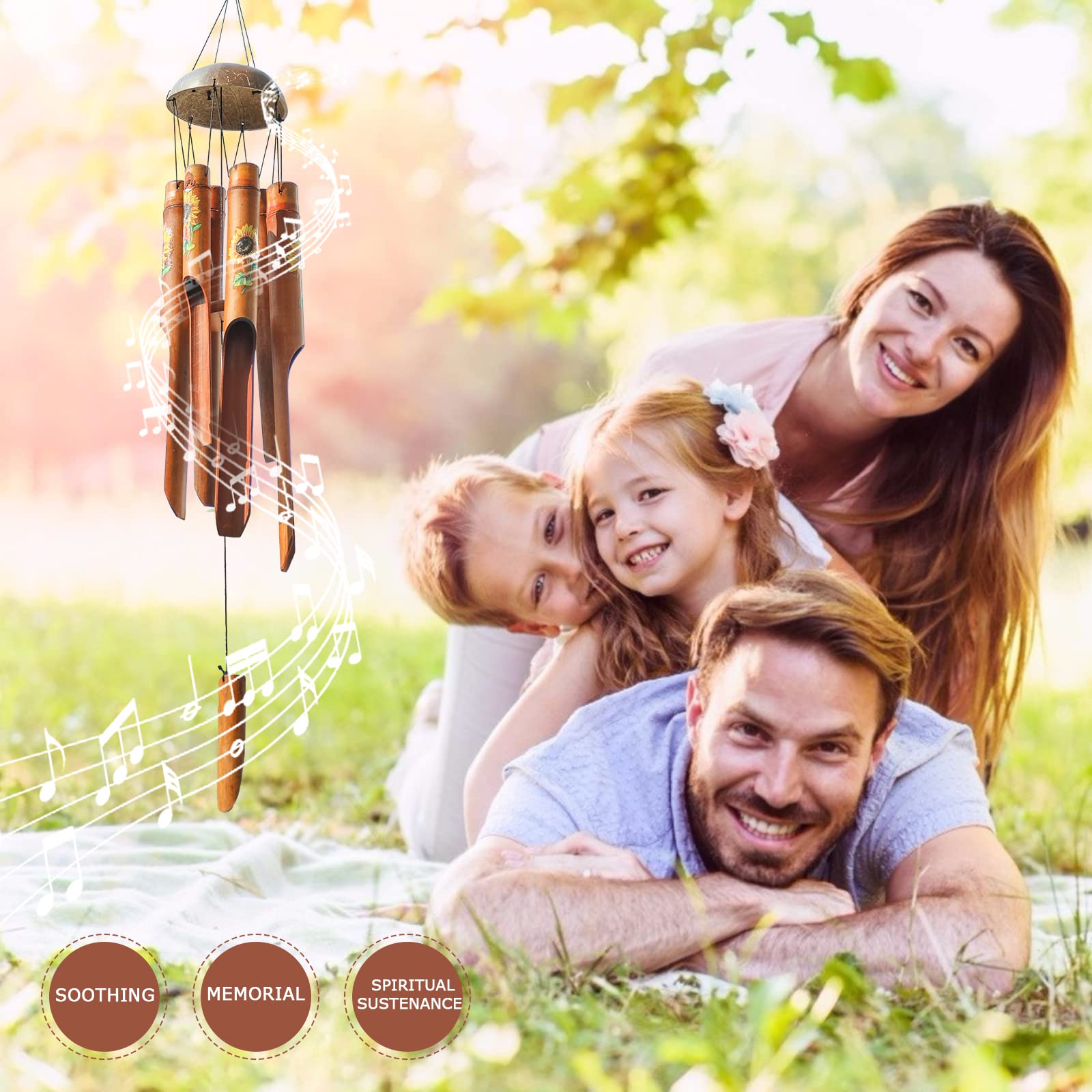 Afirst Bamboo Wind Chimes, Outdoor Wooden Windchimes with Coconut Crown,Sunflower Print Design Handcrafted Memorial Sympathy Gift for Garden, Patio, Home or Outdoor Decor, 38"