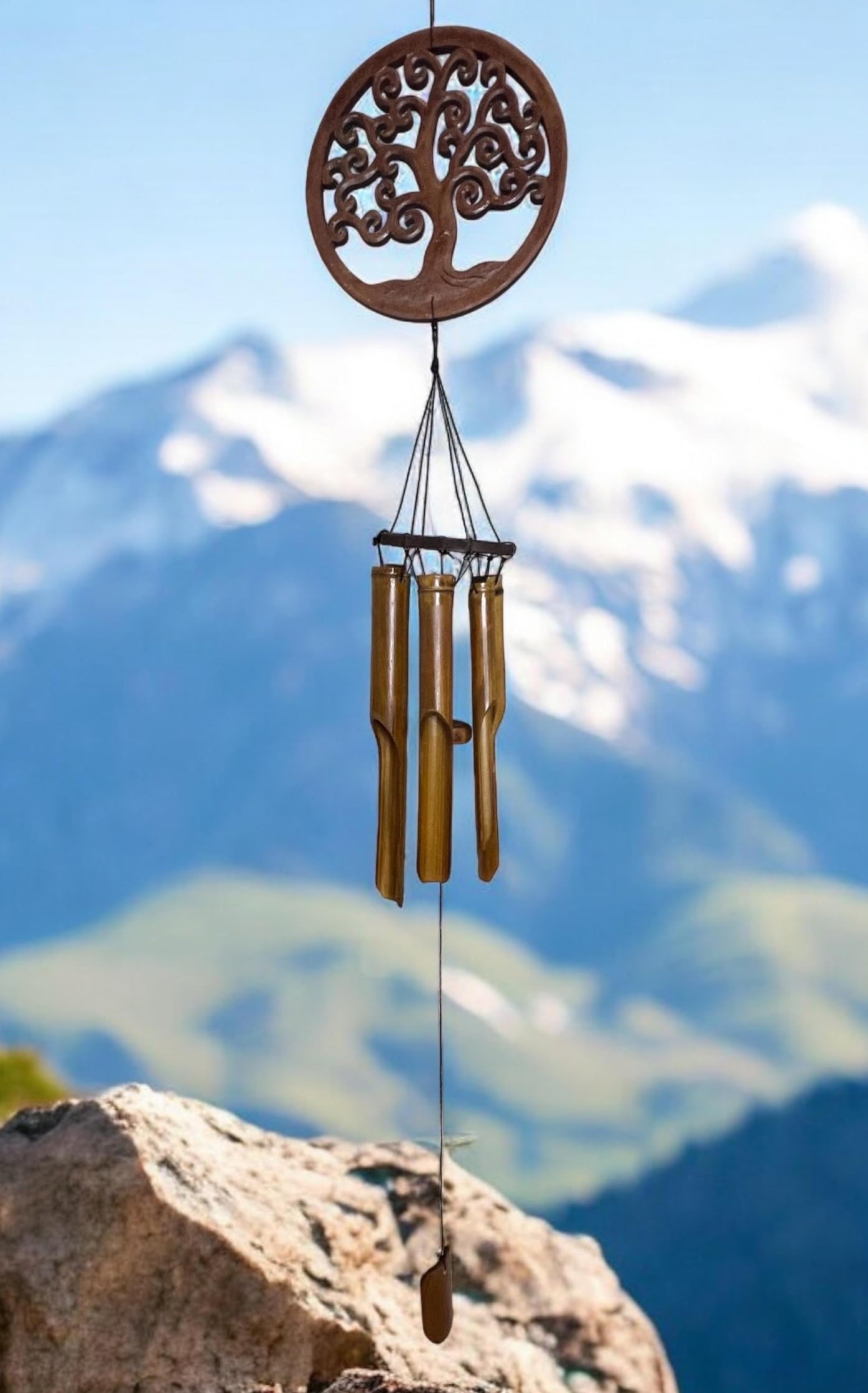 Spiritual Tree of Life Bamboo Windchimes – Wood Hanging Outdoor Garden Patio Porch Décor – Relaxing Peaceful Calming Tones – 43” Overall Windchime Length