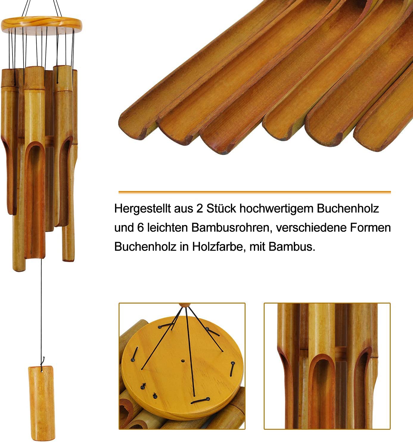 Bamboo Wind Chimes Outdoor,Wooden Wind Chimes with Melody Deep Tone,30" Classic Zen Garden Windchime for Relaxation, Grace.Home Décor for Patio, Garden or Indoor