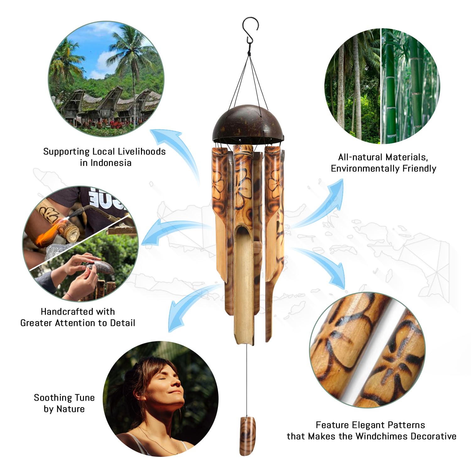 ASTARIN Bamboo Wind Chimes for Outside,Handcrafted Wooden Wind Chimes for Outside with Coconut Crown, Floral Burned Design Bamboo Windchimes for Garden,Yard,Home(35 Inch)
