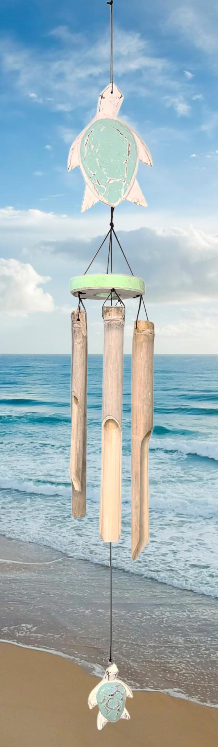 Rustic Sea Turtle Bamboo and Wood Windchimes – Outdoor Wind Chime – Distressed Finish – Whitewash & Teal Blue – Natural Beautiful Relaxing Sound