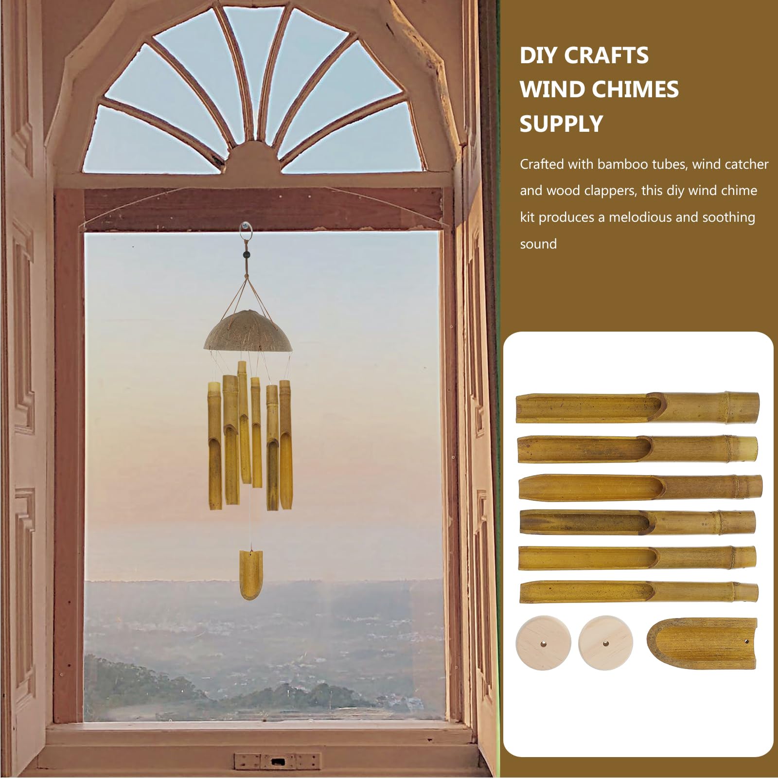 POPETPOP 1 Set Bamboo Wind Chimes Kit: DIY Outdoor Wooden Wind Chime Tubes with Blocks and Clappers for Garden, Patio, Home Decor - 7.9 Inch