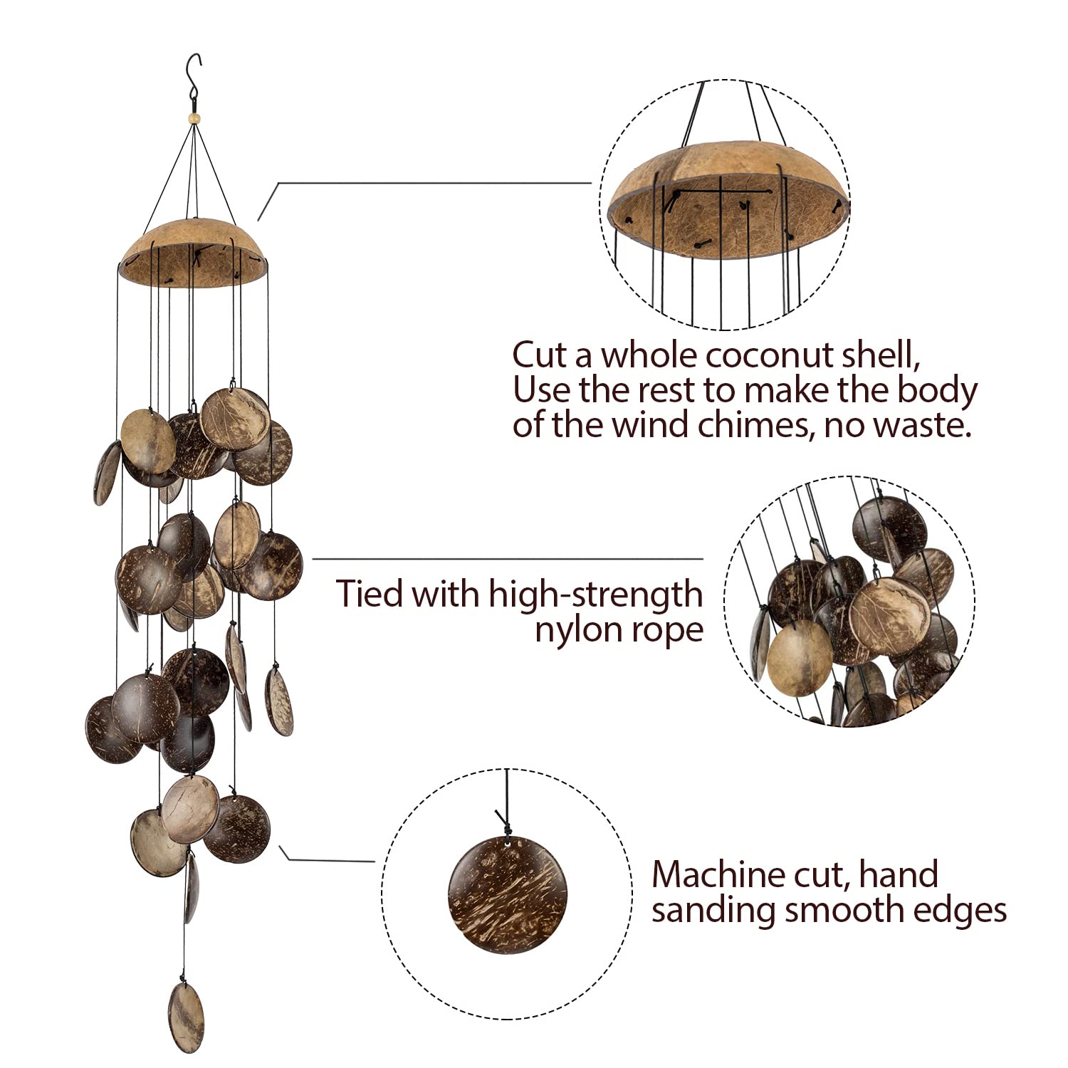 Coconut Shell Wind Chimes Outdoor, Handmade Wooden Wind Chimes Bamboo for Outside, Half Coconut Wood Top, Low Deep Tone Wooden Chimes Outdoor Indoor Home Décor 29 inch