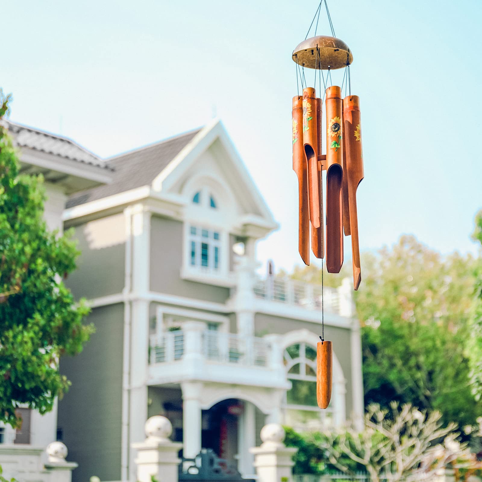 Afirst Bamboo Wind Chimes, Outdoor Wooden Windchimes with Coconut Crown,Sunflower Print Design Handcrafted Memorial Sympathy Gift for Garden, Patio, Home or Outdoor Decor, 38"