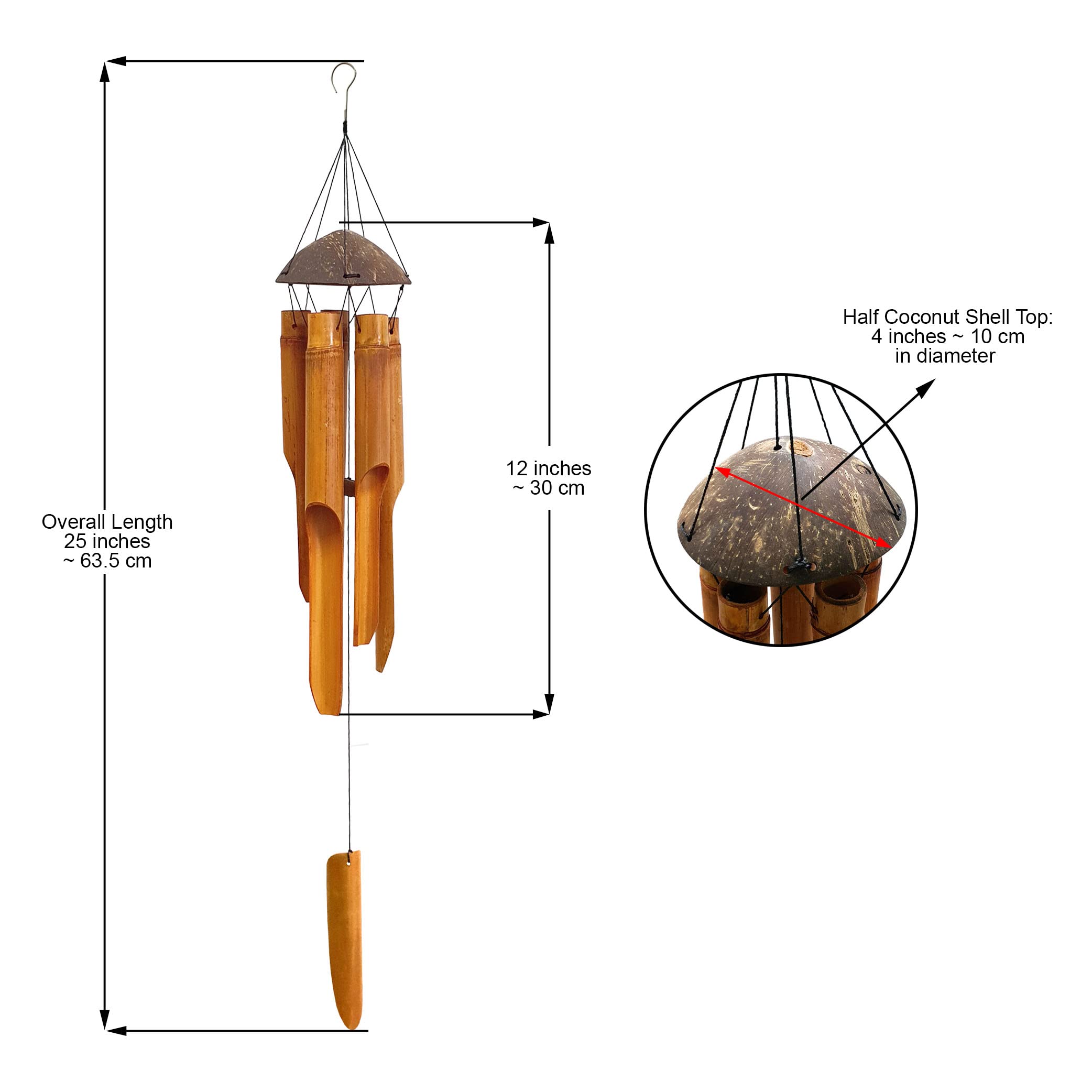 Handmade Wind Chimes 5 Bamboo Bell Tubes, Half Coconut Wood Top, Low Deep Tone Wooden Chimes Outdoor Indoor Home Décor 25 inch