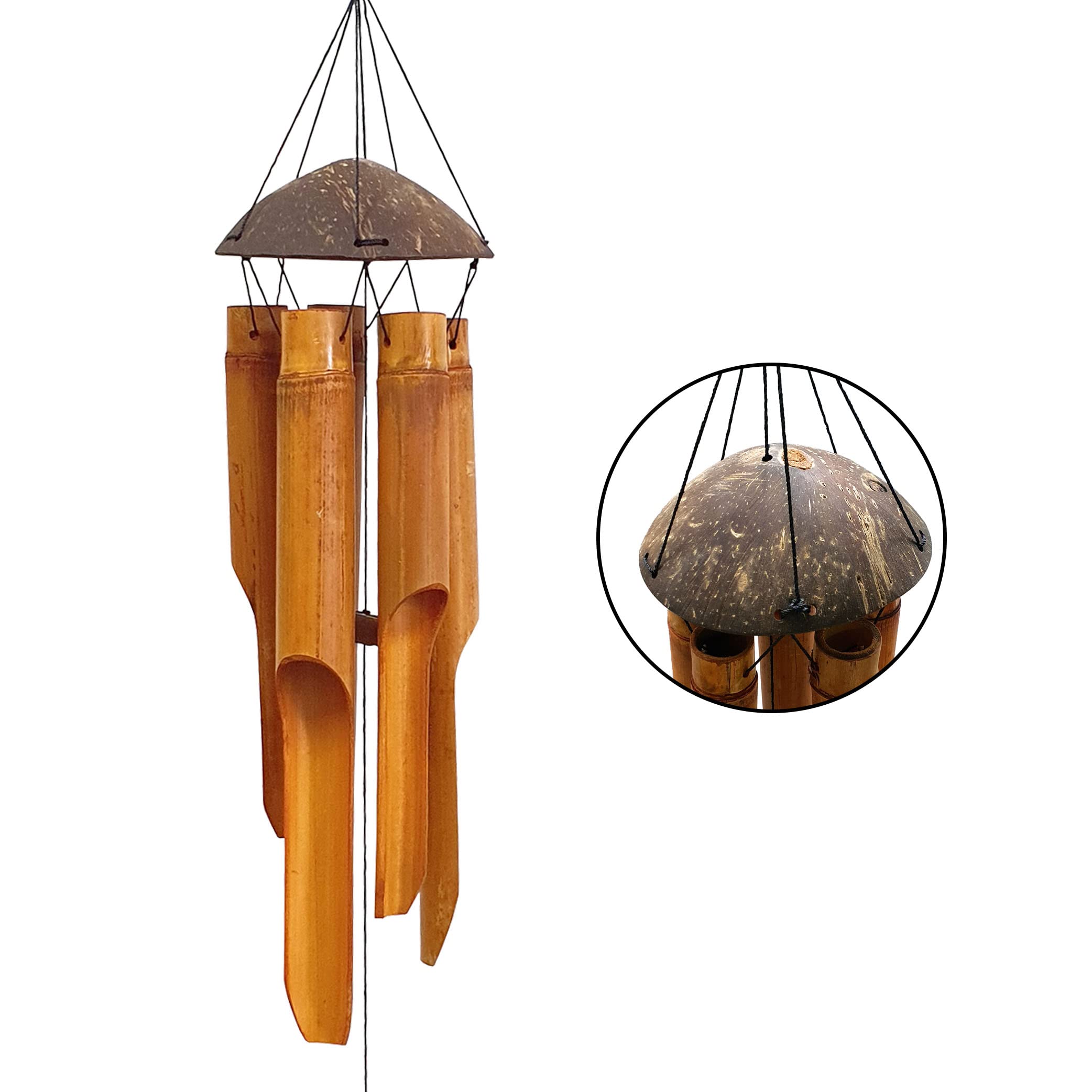 Handmade Wind Chimes 5 Bamboo Bell Tubes, Half Coconut Wood Top, Low Deep Tone Wooden Chimes Outdoor Indoor Home Décor 25 inch