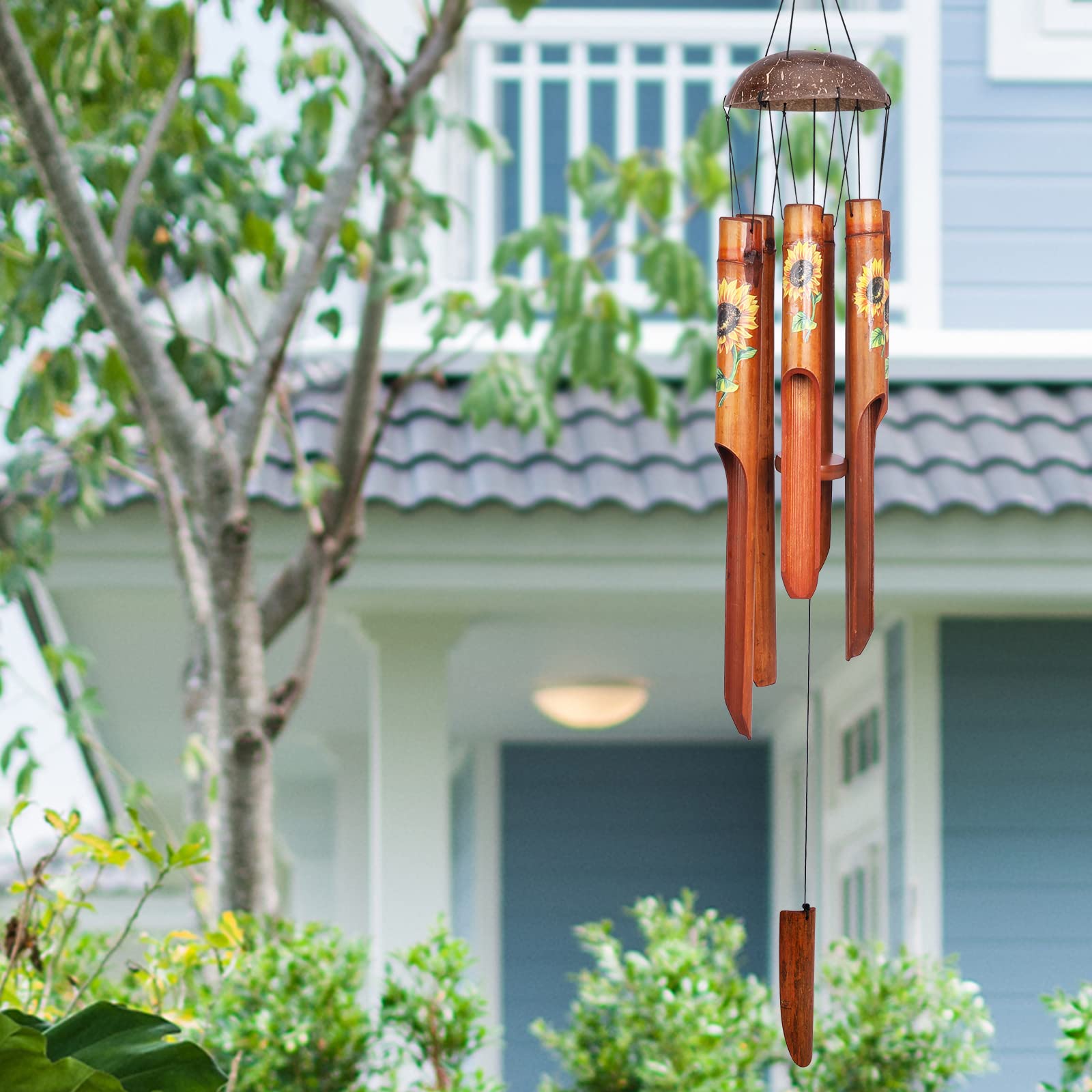 Afirst Bamboo Wind Chimes, Outdoor Wooden Windchimes with Coconut Crown,Sunflower Print Design Handcrafted Memorial Sympathy Gift for Garden, Patio, Home or Outdoor Decor, 38"