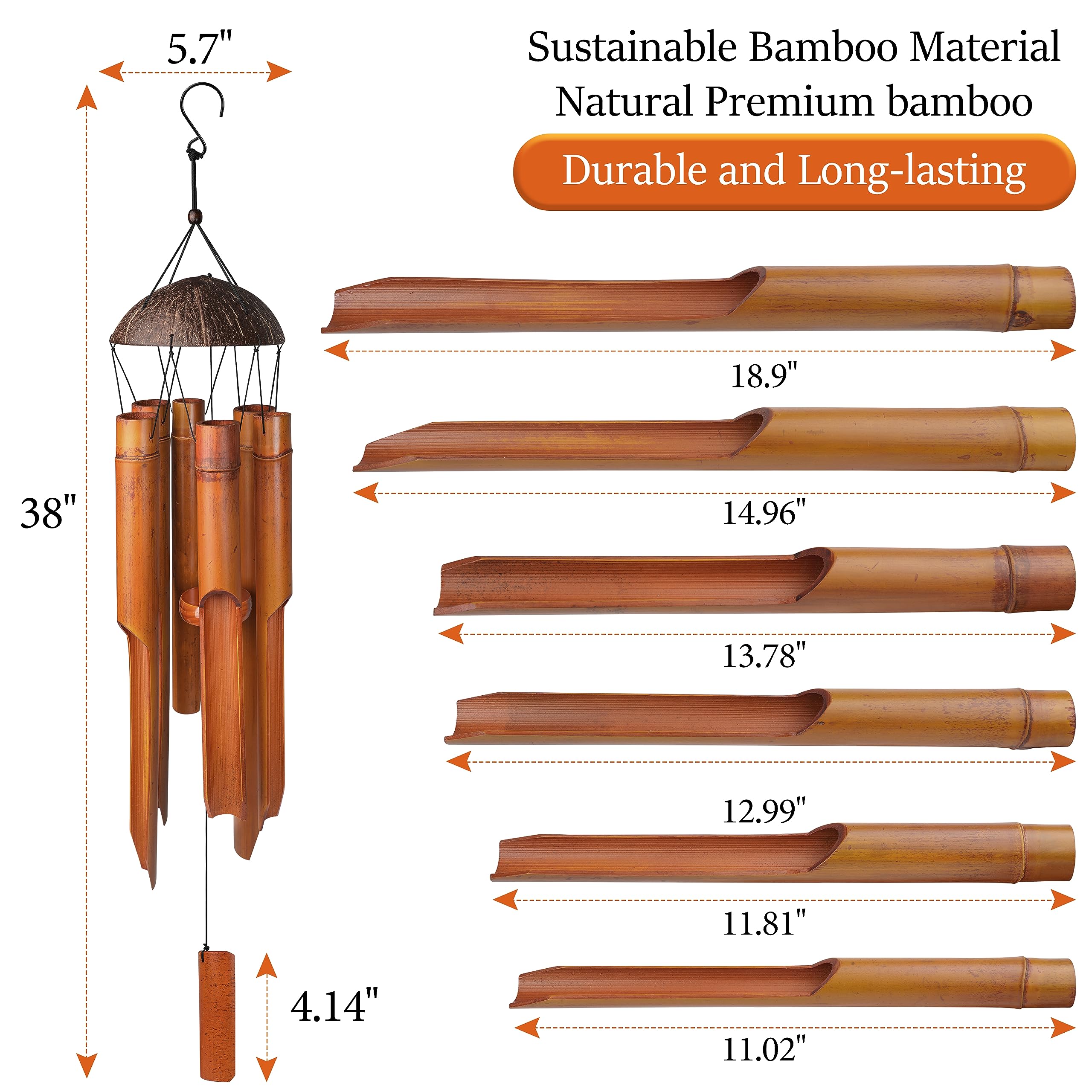 38" Bamboo Wind Chimes 6 Pipes, Handcrafted Bamboo Wind Chime Bring a Unique and Soothing Melody, Create a Zen Atmosphere for Outdoor Indoor Decor, for Sympathy, Memorial