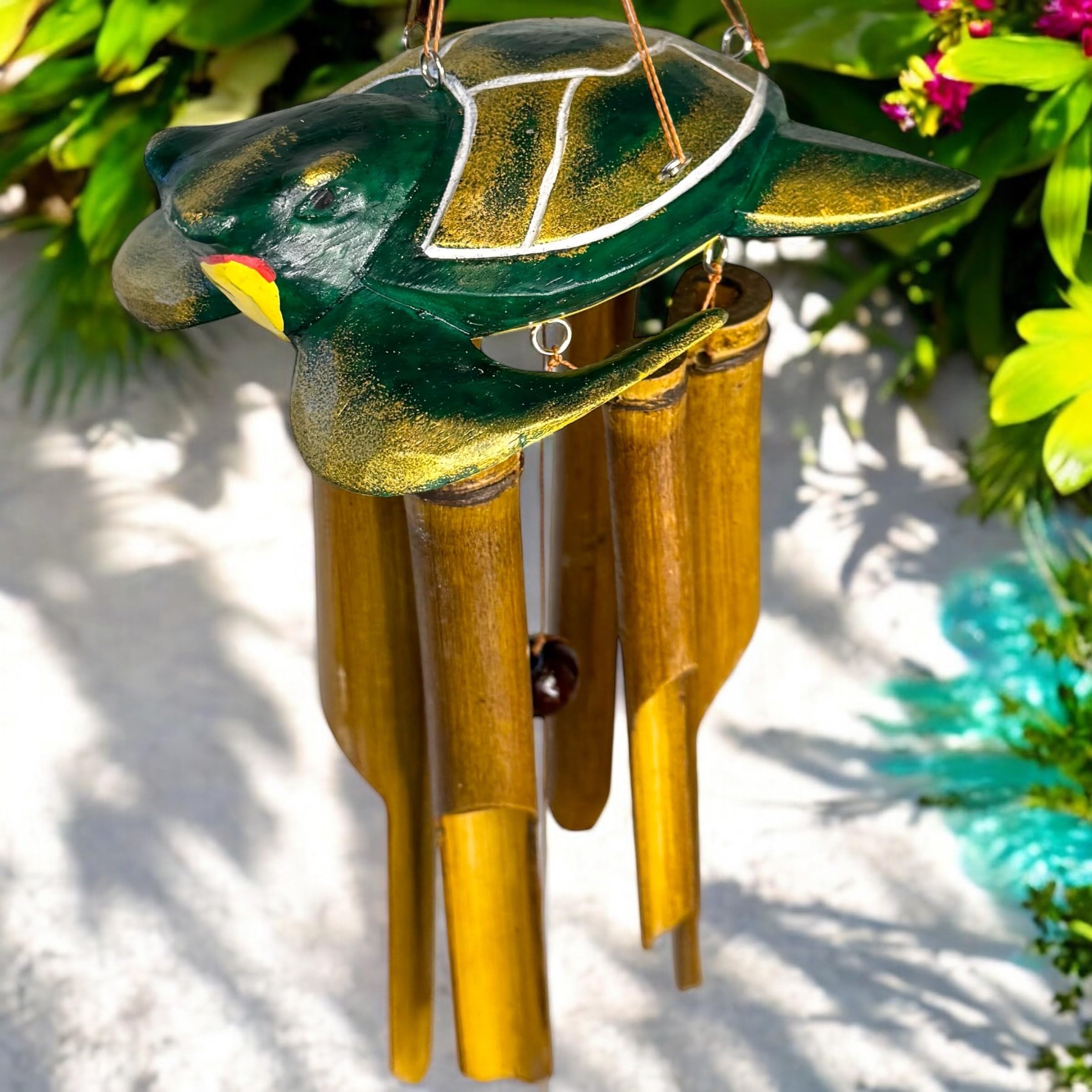 Whimsical Sea Turtle Bamboo and Wood Windchime – Outdoor Decorative Wind Chime – Funky Green Turtle Topper – Natural Calming Relaxing Sound